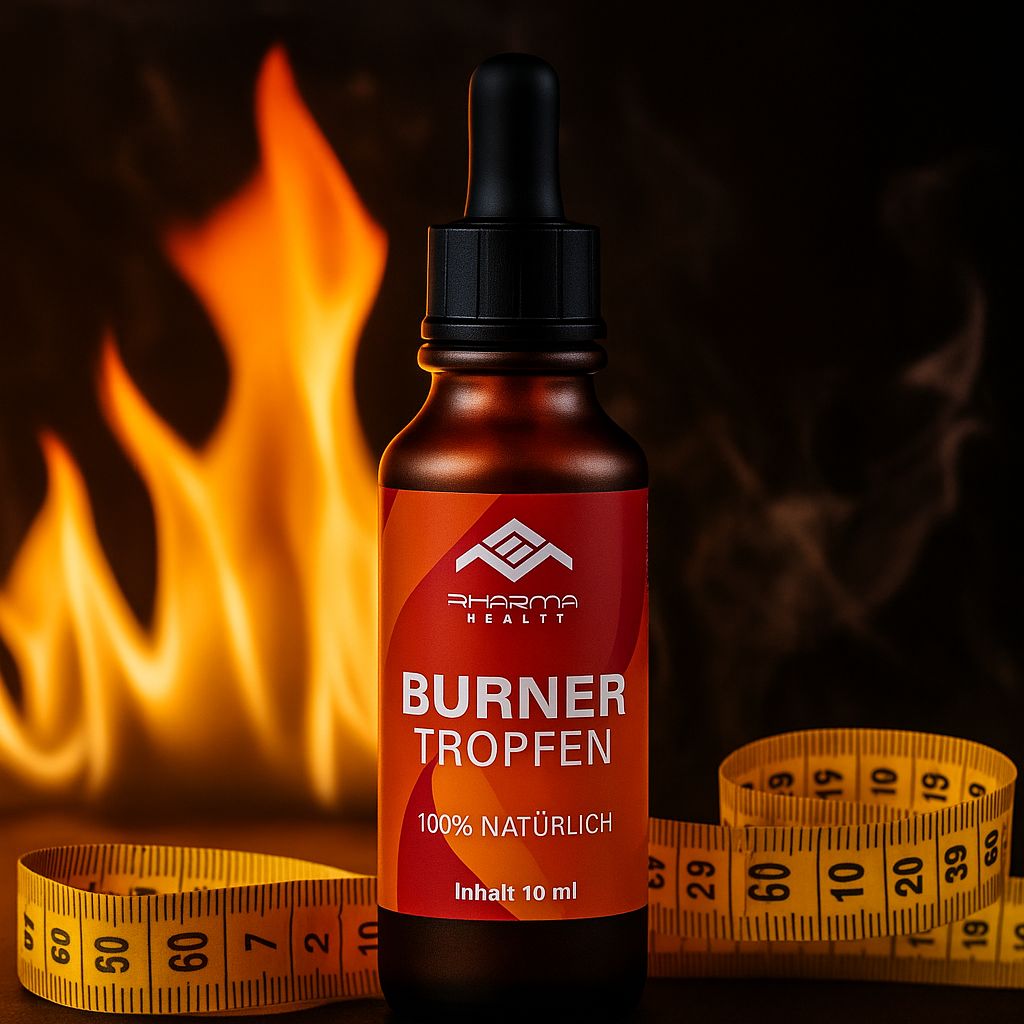 Braune Flasche mit schwarzem Verschluss und Pipette. Rotes Etikett mit weißer Schrift. Gelbes Maßband und Flammen im Hintergrund.