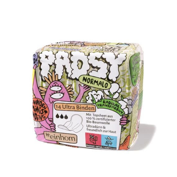 Verpackung mit Padsy Normalo. Aufdruck mit Illustrationen und Text. Enthält 14 Ultra Binden. Marke: einhorn.