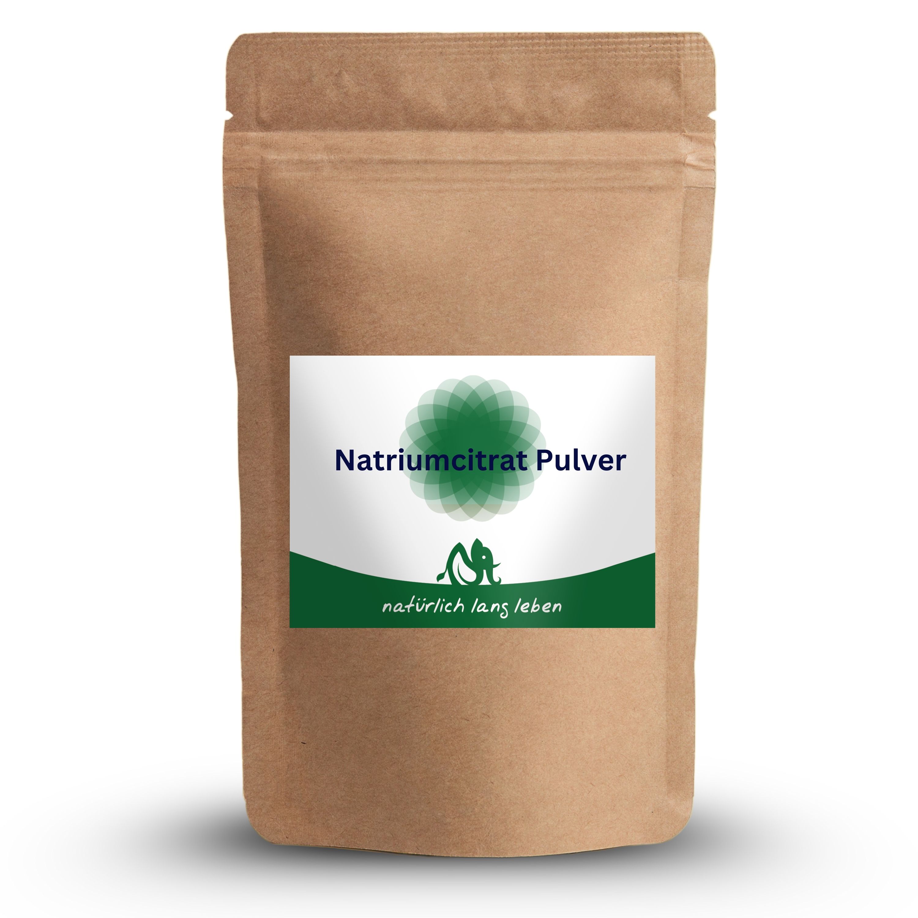 Beutel mit Natriumcitrat Pulver. Braune Verpackung mit grün-weißem Etikett. Aufschrift: Natriumcitrat Pulver und natürlich lang leben.