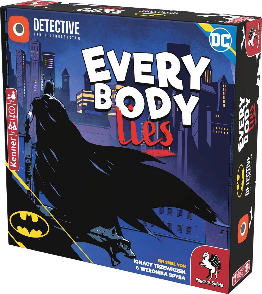 Spielbox Batman - Everybody Lies. Batman-Illustration, Titel in Großbuchstaben. Logo DC, Pegasus Spiele. Kenner-Logo.