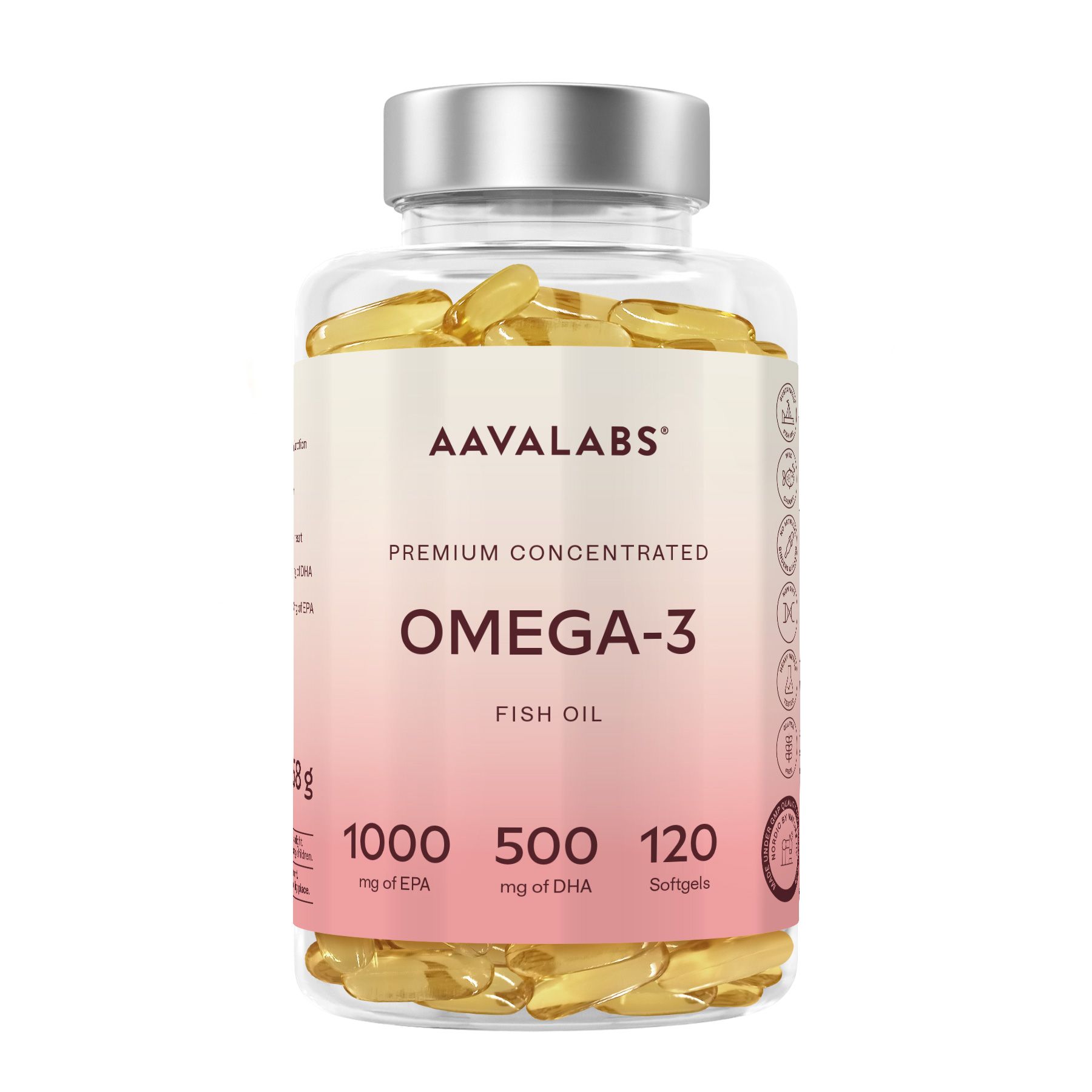 Klare Flasche mit gelben Kapseln. Aufschrift: AAVALABS, Omega-3, Fischöl, 1000 mg EPA, 500 mg DHA, 120 Softgels.