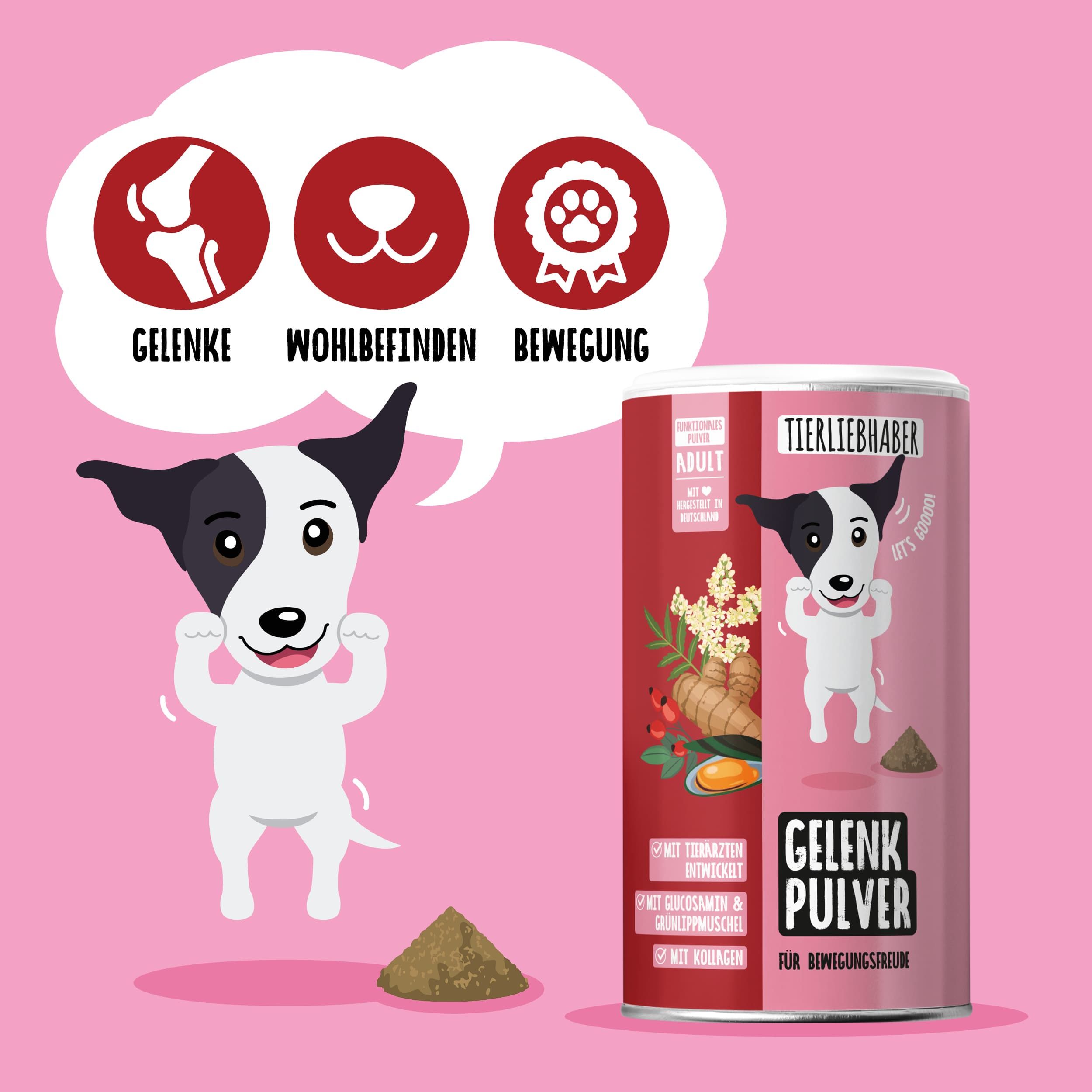 Tierliebhaber Gelenk Pulver Dose mit Comic-Hund und Sprechblase mit Gelenk-, Wohlbefinden- und Bewegungssymbolen.