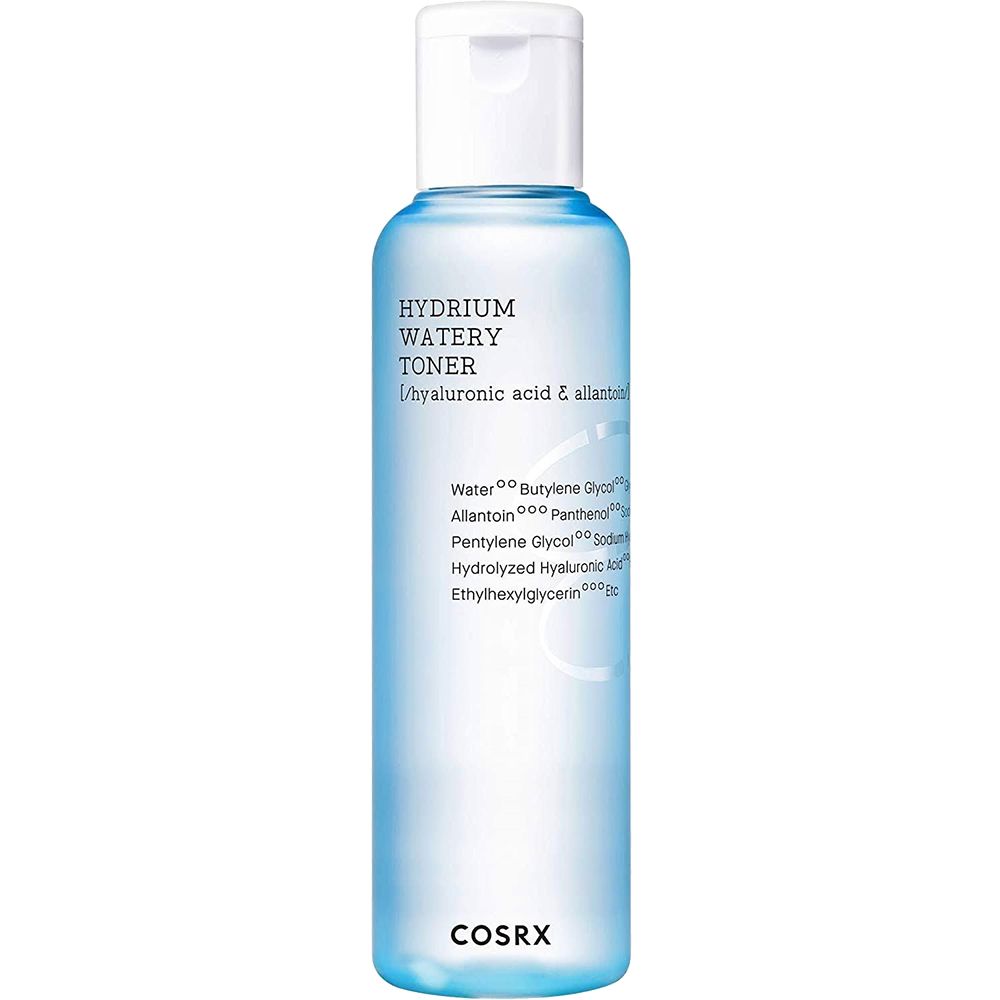Blau-transparente Flasche mit weißem Deckel. Aufschrift: Hydrium Watery Toner, Inhaltsstoffe. Marke COSRX.