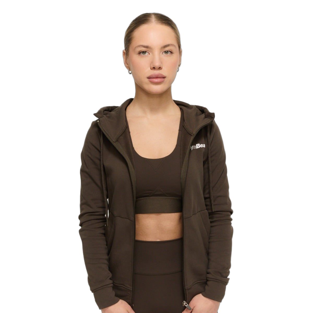 GymBeam Hoodie Damen regular mit Kapuze Reißverschluss Taschen Espresso 1 St
