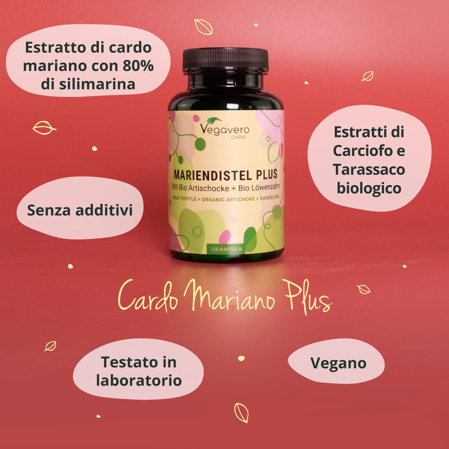 Flacone Cardo Mariano Plus con testo: estratto di cardo mariano, carciofo bio, senza additivi, vegano, testato in laboratorio.