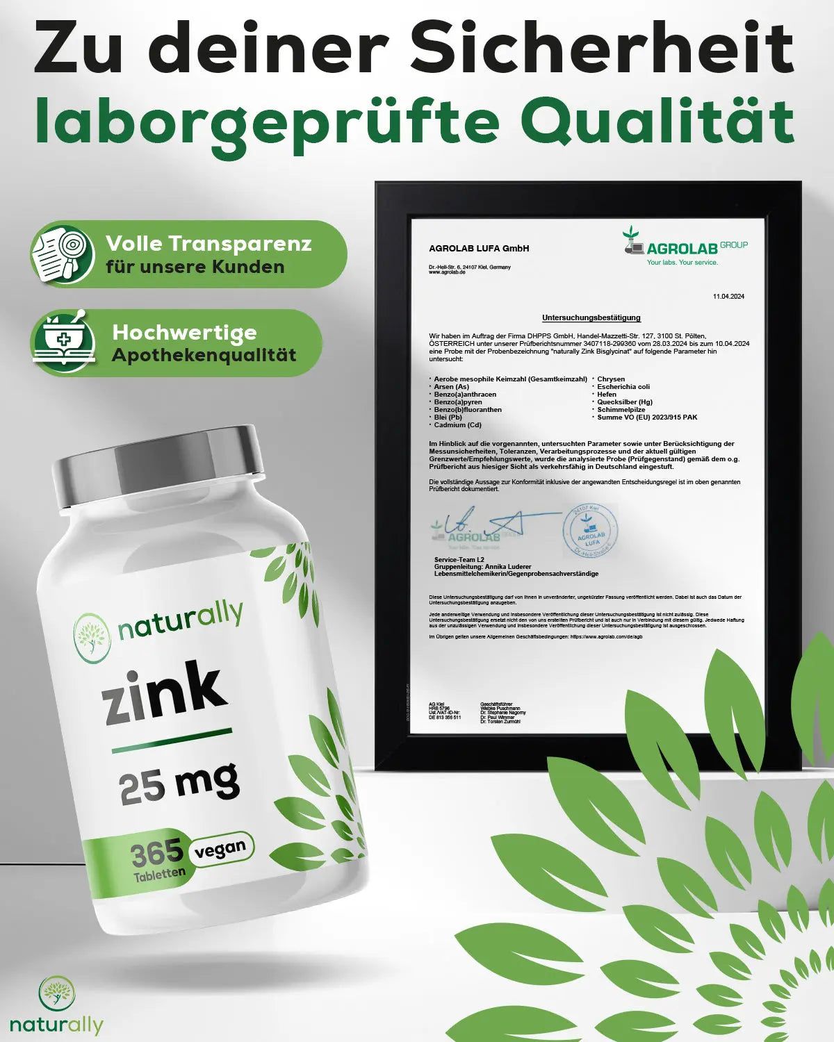 Weiße Flasche "naturally zink 25 mg" mit 365 Tabletten. Zertifikat von AGROLAB LUFA GmbH.