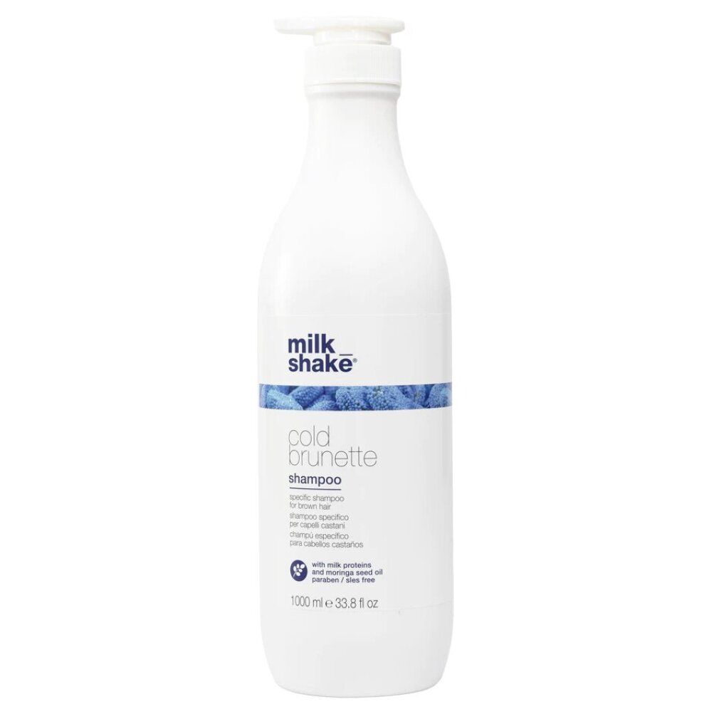 Weiße Pumpflasche mit Milk Shake Cold Brunette Shampoo für braunes Haar. Enthält 1000 ml.