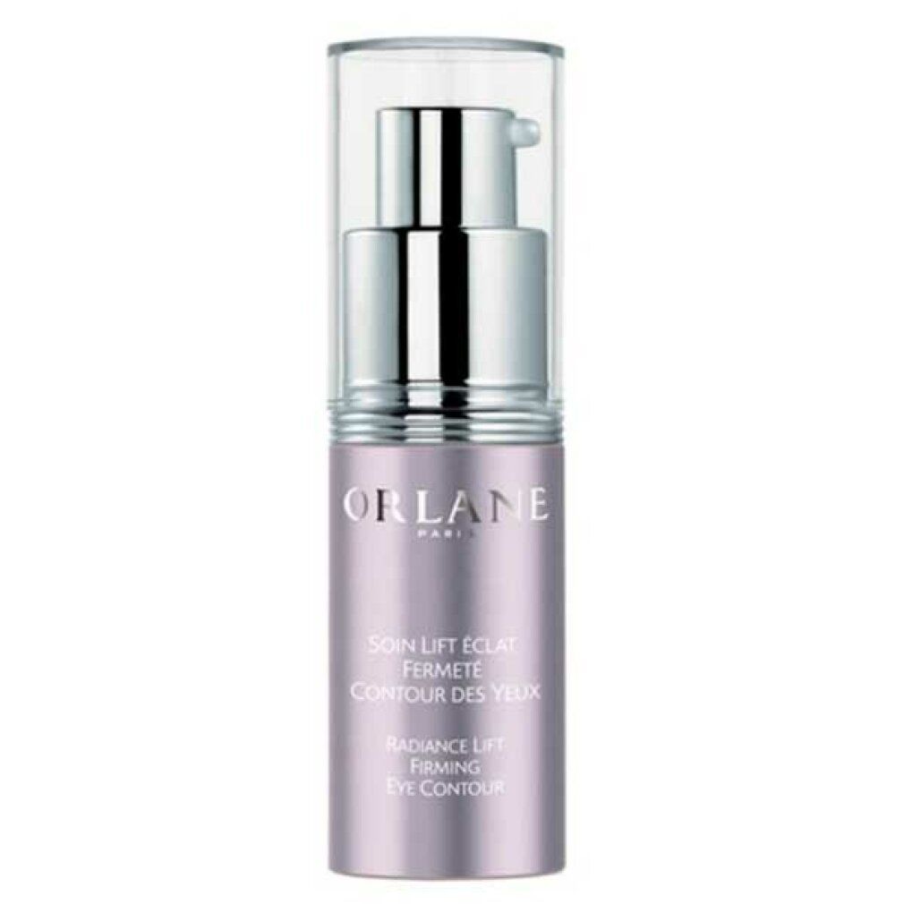 Orlane Radiance Lift Firming Eye Contour. Lila Flakon mit silberner Pumpe. Text: Soin Lift Eclat Fermeté Contour des Yeux.