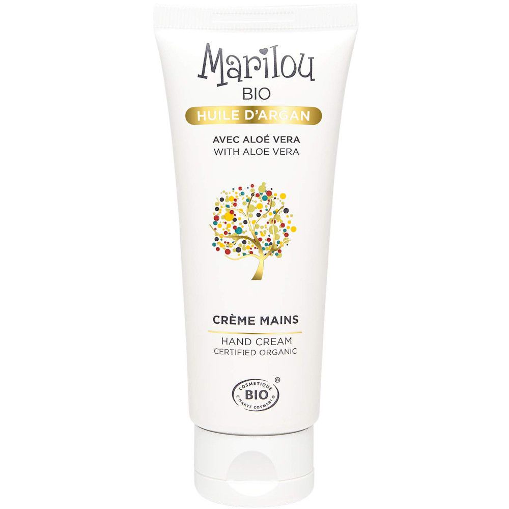 Weiße Tube Handcreme mit Aufschrift Marilou Bio, Arganöl, Aloe Vera. Bio-Zertifizierung. Baum-Logo mit bunten Punkten.