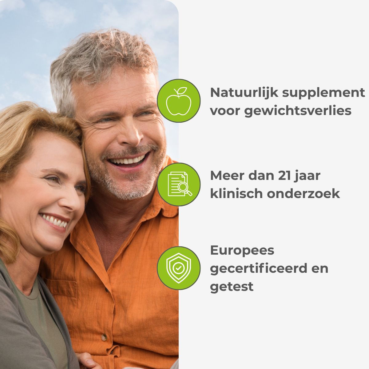 Lachend paar. Tekst: Natuurlijk supplement voor gewichtsverlies. Gecertificeerd en getest in Europa.