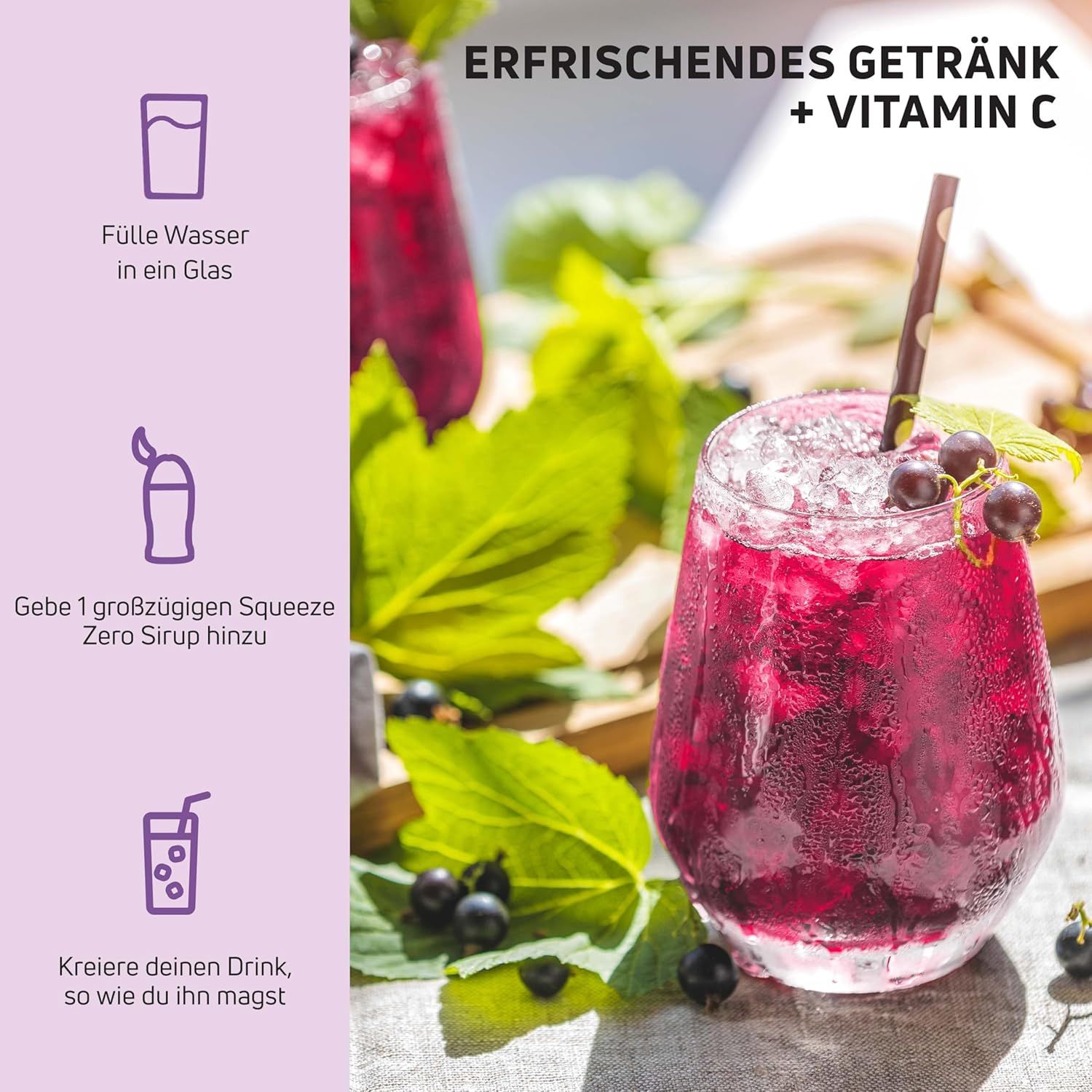 Glas mit Getränk, Eiswürfeln und Strohhalm. Daneben Anweisungen: Wasser, Sirup, Getränk kreieren.