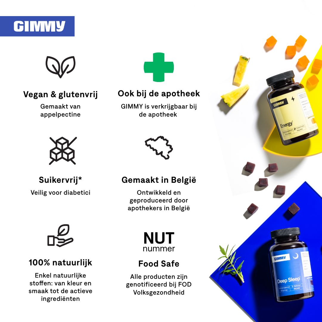 Blauer Hintergrund mit Logos und Text. Zwei Flaschen und Gummibärchen.