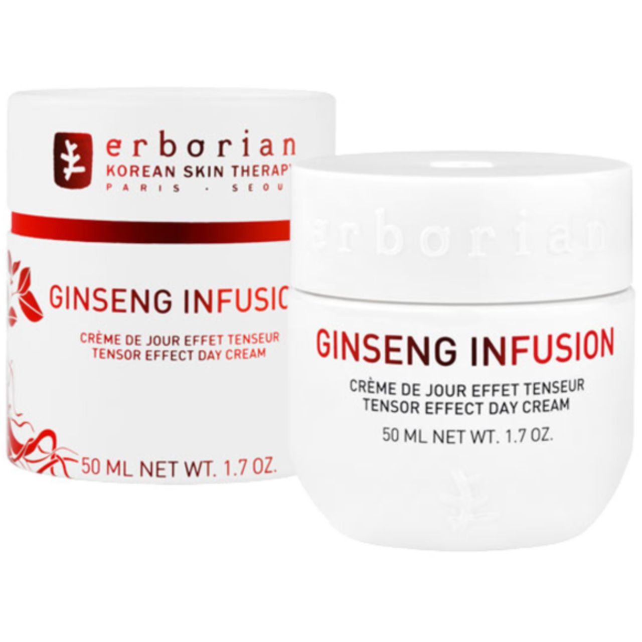 Weißer Tiegel und Verpackung mit roter Schrift. Aufschrift: Ginseng Infusion, Tensor Effect Day Cream.