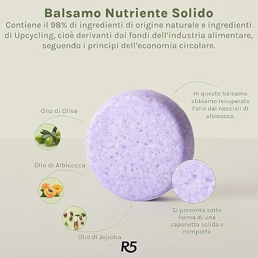 Runder, lilafarbener Balsam. Text mit Inhaltsstoffen: Olivenöl, Aprikosenöl, Jojobaöl. R5-Logo unten rechts.