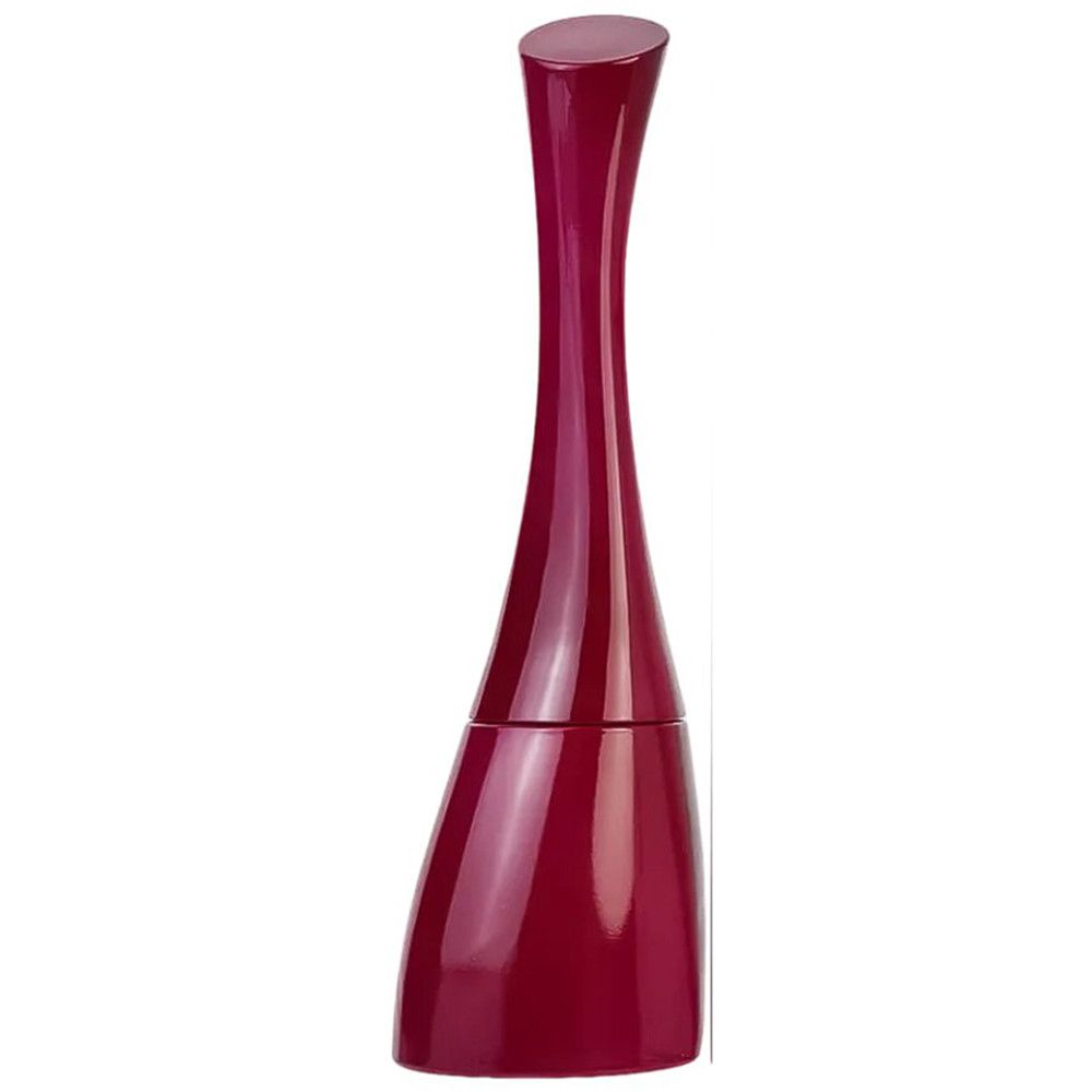 Roter Flakon. Geschwungene Form. Flakon mit rotem Verschluss. Vertikale Ansicht.