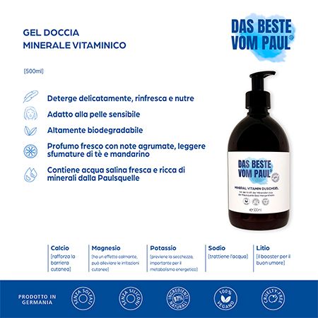 Flacone di gel doccia e infografica. Scritta: Das Beste vom Paul, Mineral Vitamin Duschgel. Ingredienti, certificazioni.