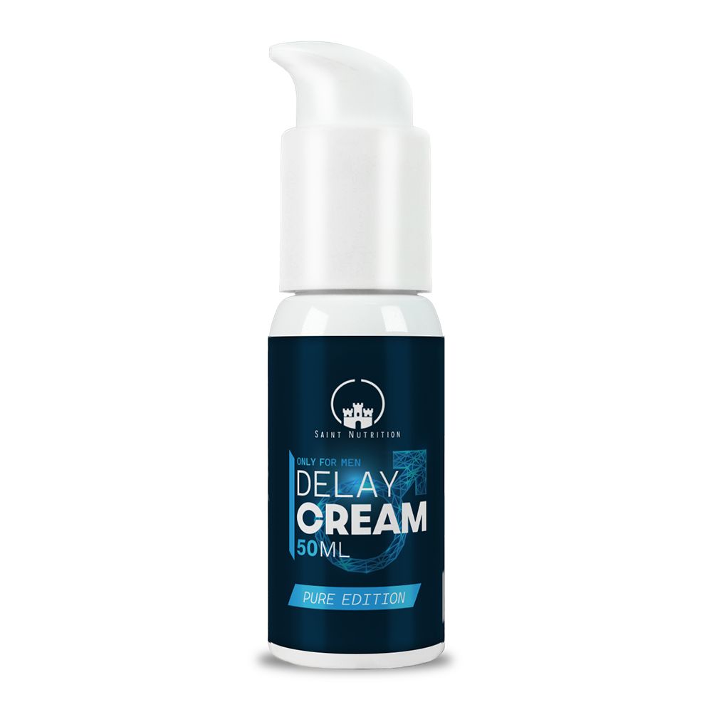 Blaue Flasche mit weißem Pumpkopf. Aufschrift: Delay Cream, 50ml, Pure Edition. Logo: Saint Nutrition.