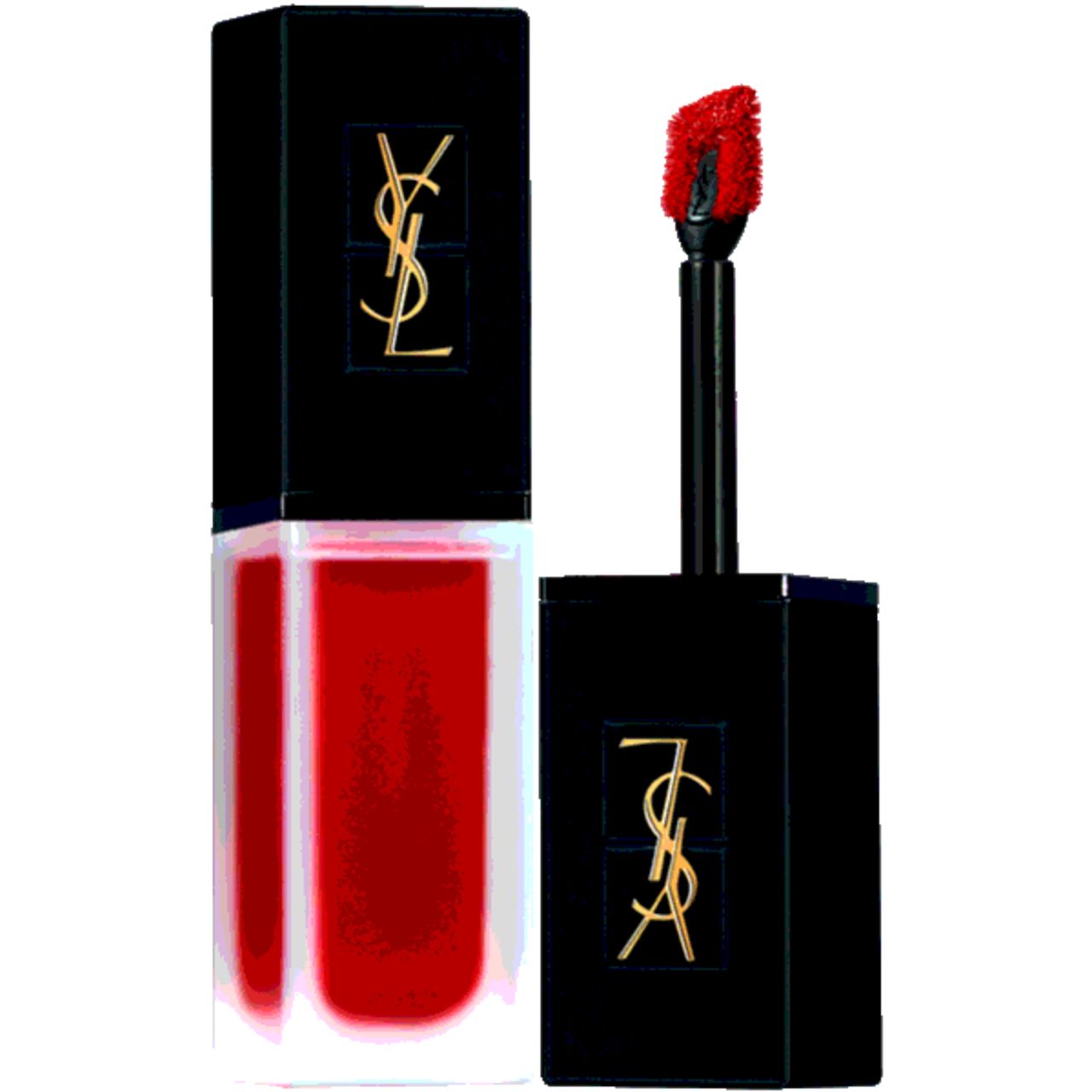 Roter Lippenstift mit Applikator. Schwarzer Deckel mit YSL-Logo. Offene Verpackung.