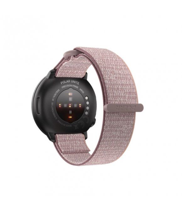 Rückseite einer schwarzen Smartwatch mit rosa Armband. Sensoren und Polar-Logo sichtbar.