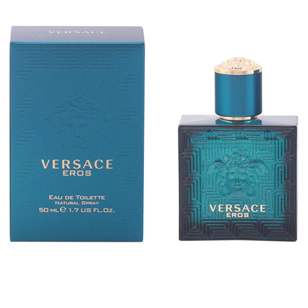 Türkisfarbener Flakon und Schachtel. Aufschrift: VERSACE EROS, Eau de Toilette, Natural Spray. Flakon mit goldenem Deckel.