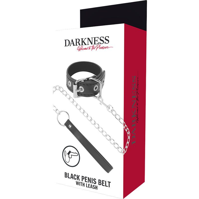 Verpackung des Penisrings mit Riemen. Schwarze Box mit Produktabbildung und Text: BLACK PENIS BELT WITH LEASH.
