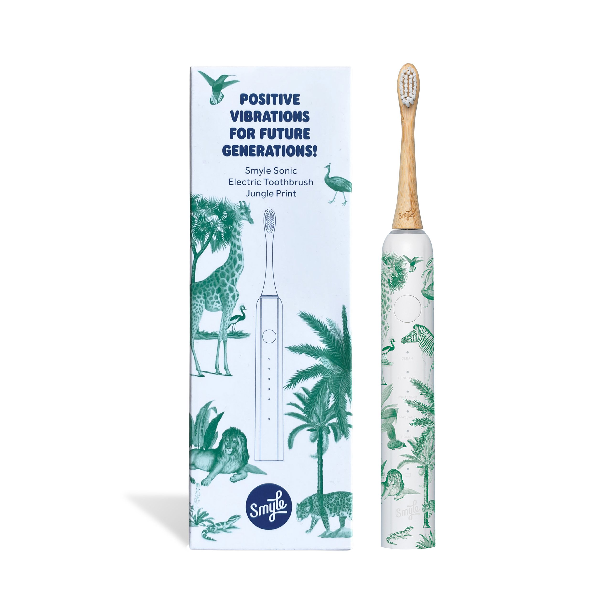 Elektrische Zahnbürste mit Bambus-Aufsatz und Dschungel-Design. Verpackung mit Text und Illustrationen. Smyle-Logo.