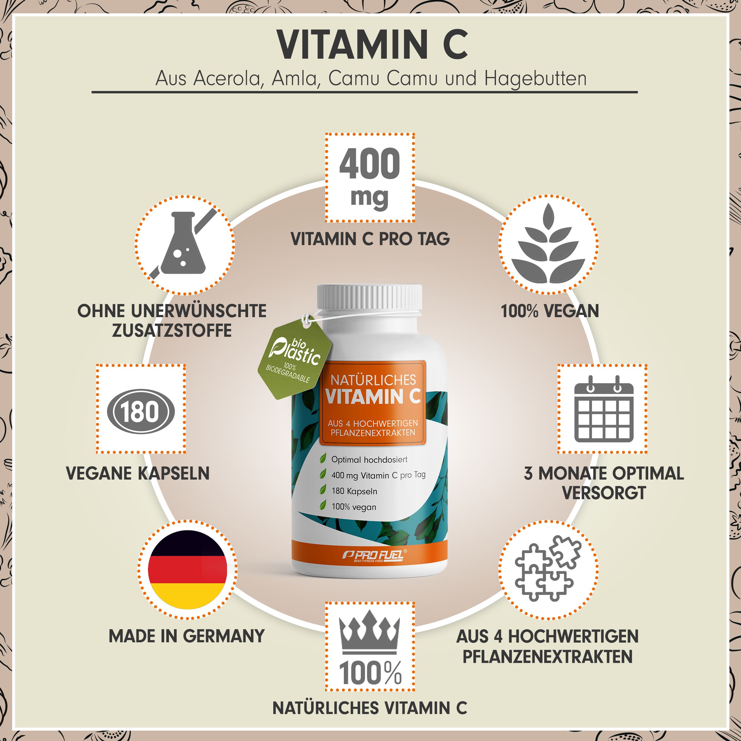 Grafik mit Flasche und Infografiken. Text: 400 mg Vitamin C pro Tag, 100% vegan, 180 Kapseln, Made in Germany. Marke: ProFuel.
