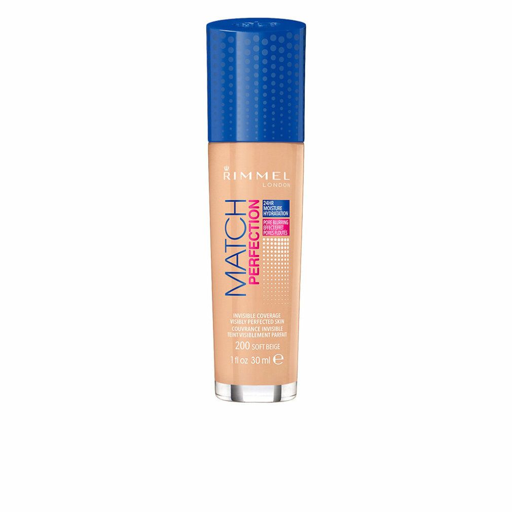 Rimmel Match Perfection Foundation. Flasche mit blauem Deckel. Farbton 200 Soft Beige. SPF 20. Sichtbare Produktinformationen.
