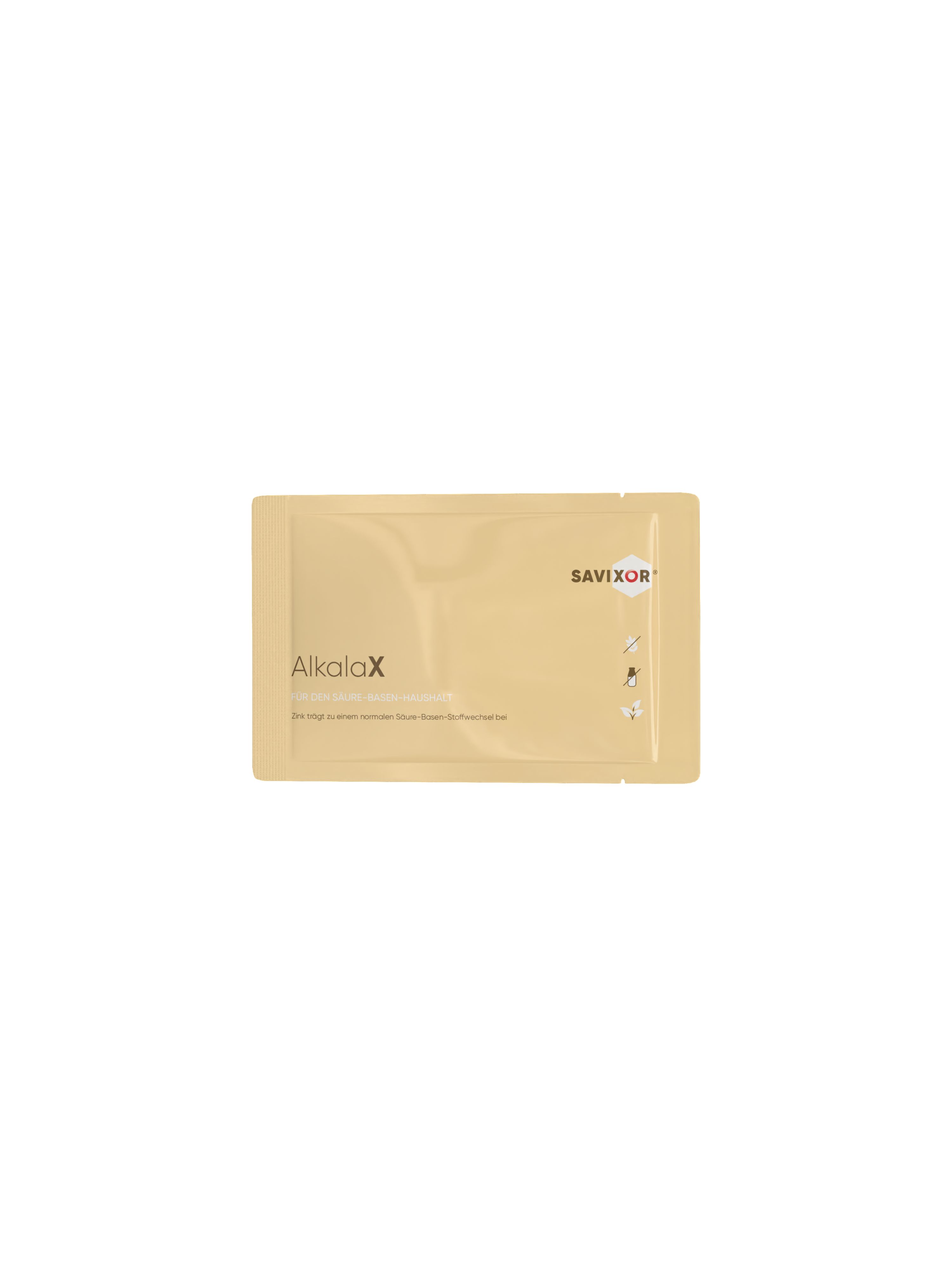 Beige Sachet mit Produktnamen AlkalaX und Marke Savixor. Enthält Text und Symbole.