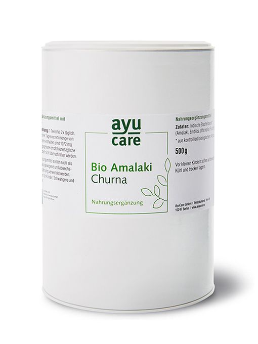 Weißes, zylindrisches Produktgebinde mit Aufschrift "ayu care Bio Amalaki Churna". 500g. Nahrungsergänzungsmittel.
