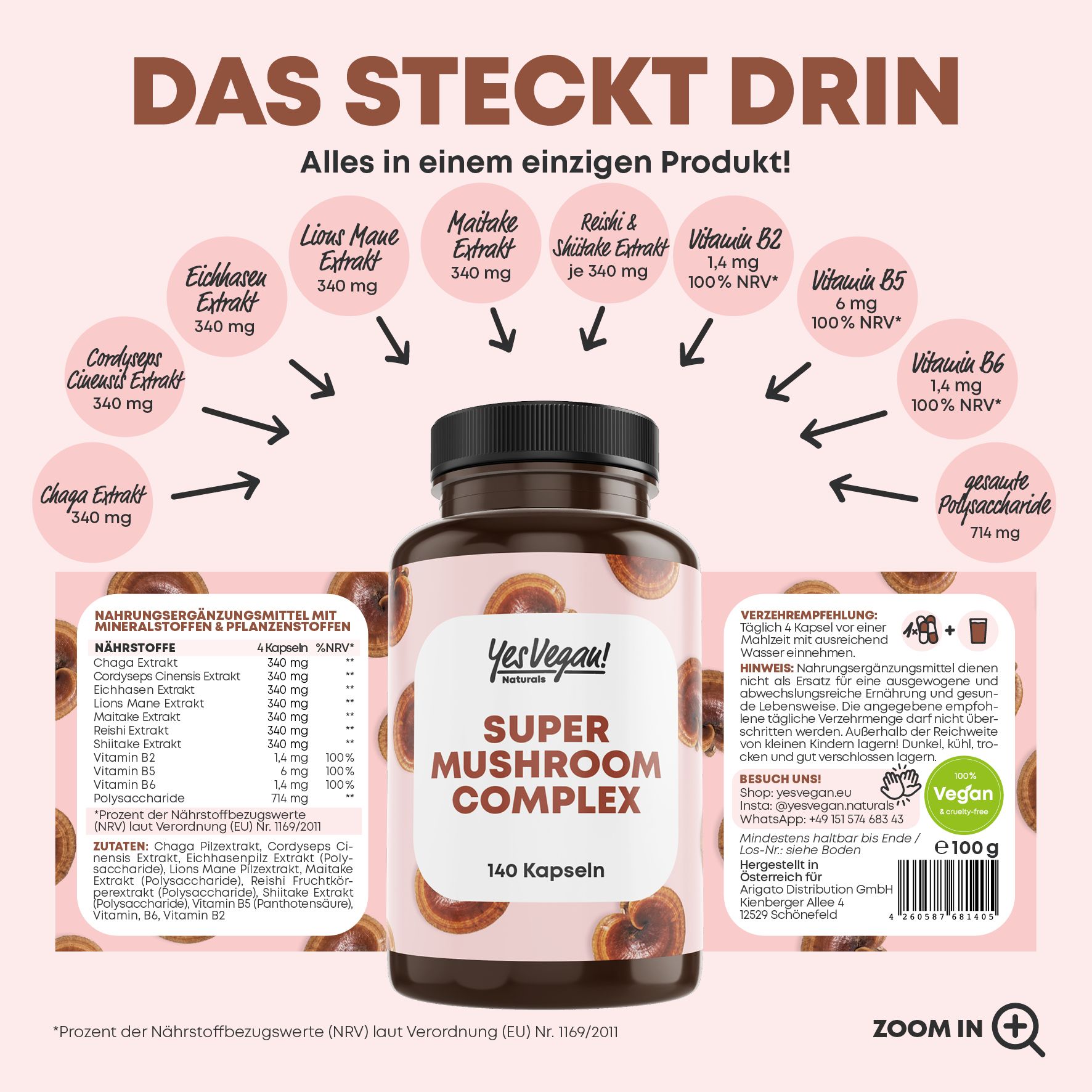 Braune Flasche mit Kapseln. Aufschrift: Super Mushroom Complex, 140 Kapseln. Inhaltsstoffe und Nährwertangaben.