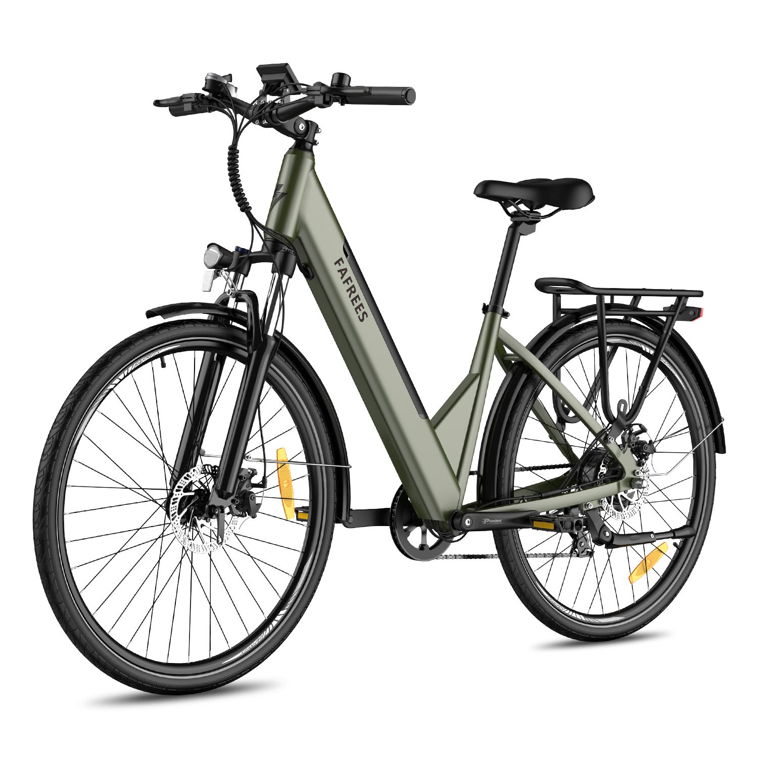 Grünes E-Bike mit Gepäckträger, Schutzblechen und dem Schriftzug FAFREES. Schwarze Reifen und Sattel.