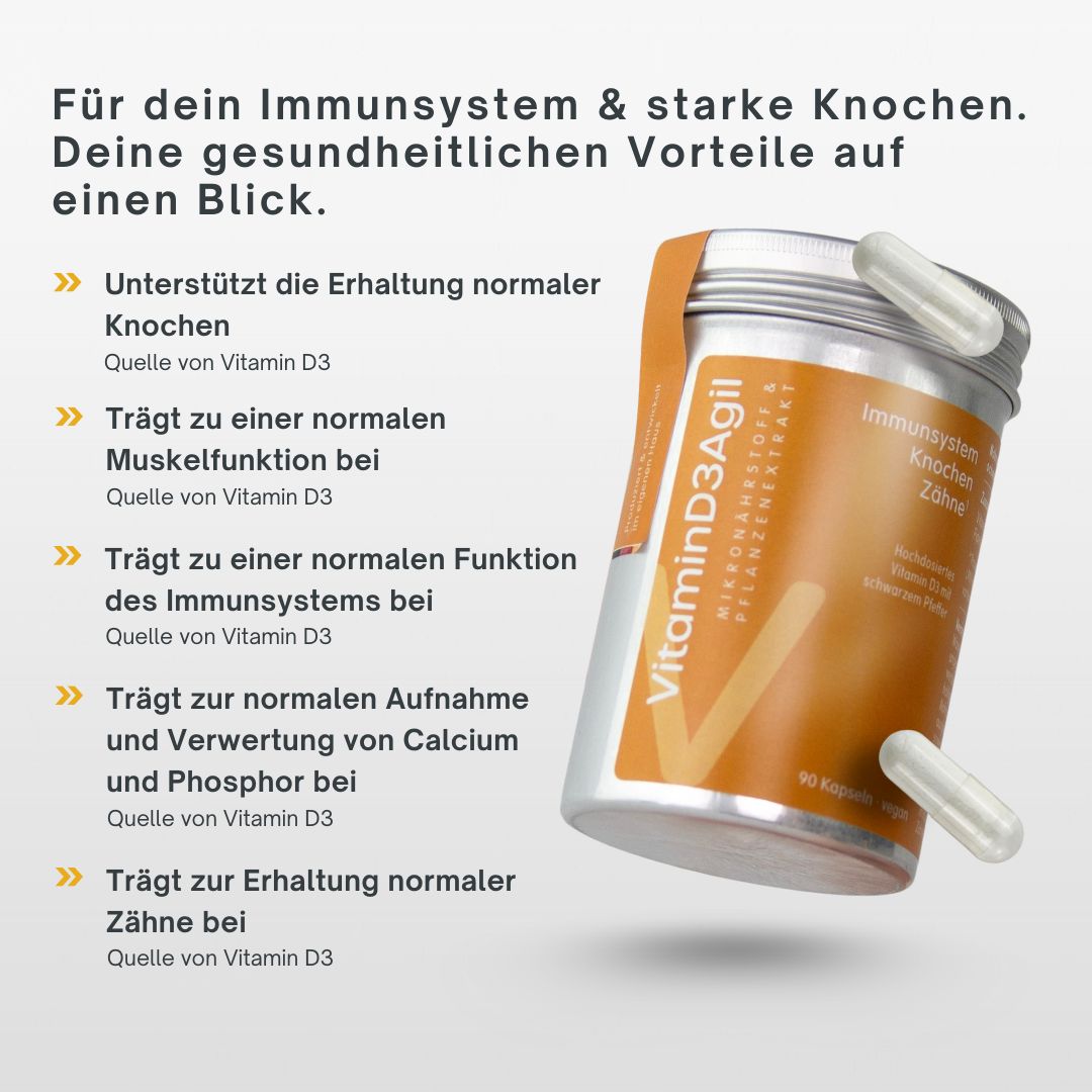 Dose VitaminD3Agil und Kapseln. Text: Für dein Immunsystem & starke Knochen. Vorteile auf einen Blick. Quelle von Vitamin D3.