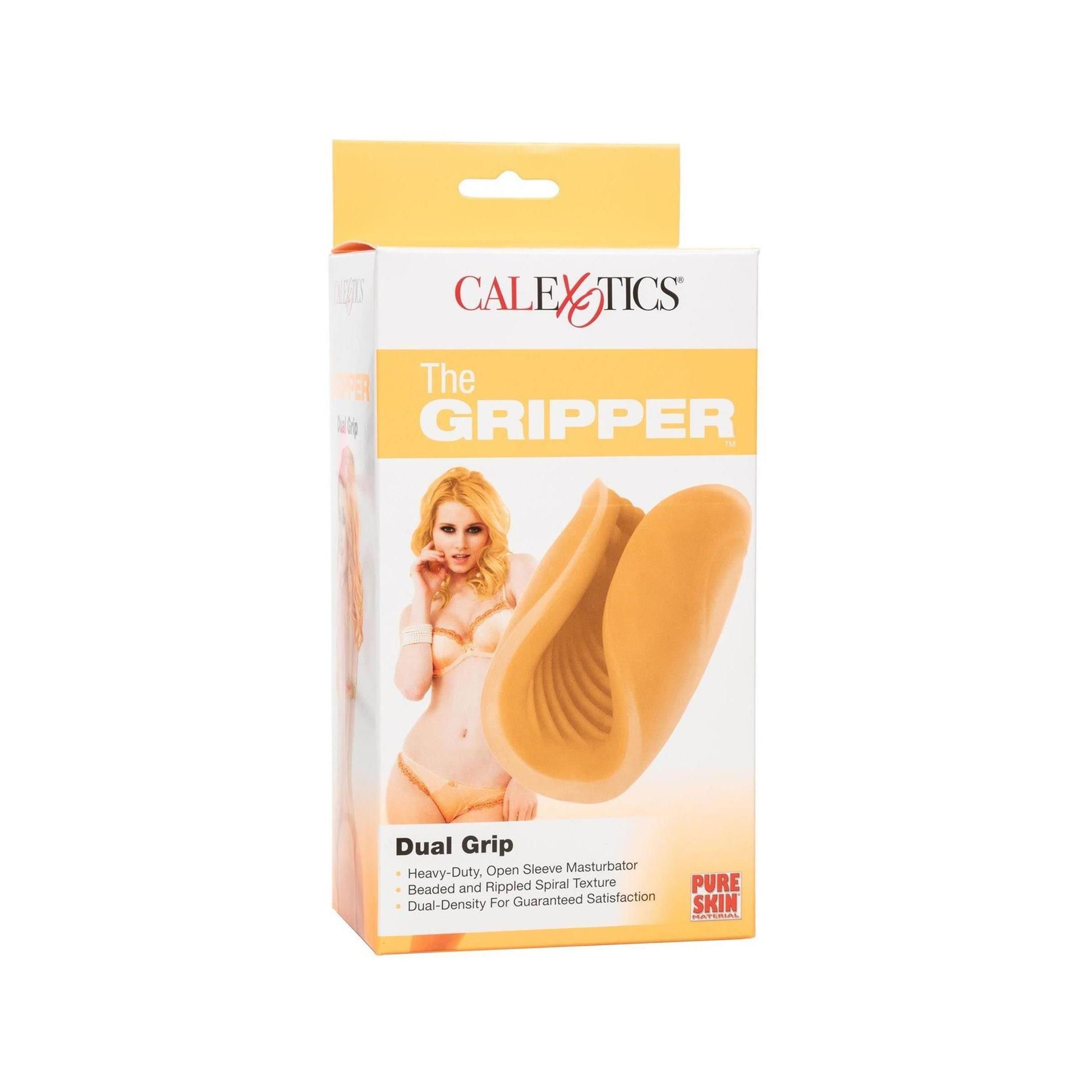 Verpackung von CalExotics. Aufdruck: The Gripper, Dual Grip. Abgebildet ist das Produkt und eine Frau.