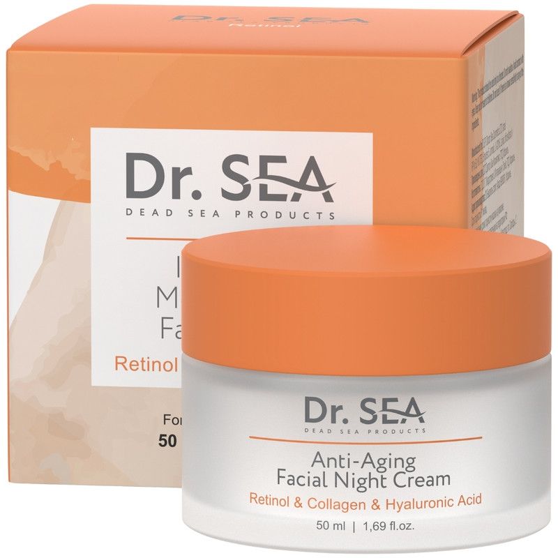 Creme-Glas mit Deckel und Karton. Aufschrift: Dr. SEA, Anti-Aging Facial Night Cream, Retinol & Collagen & Hyaluronic Acid.