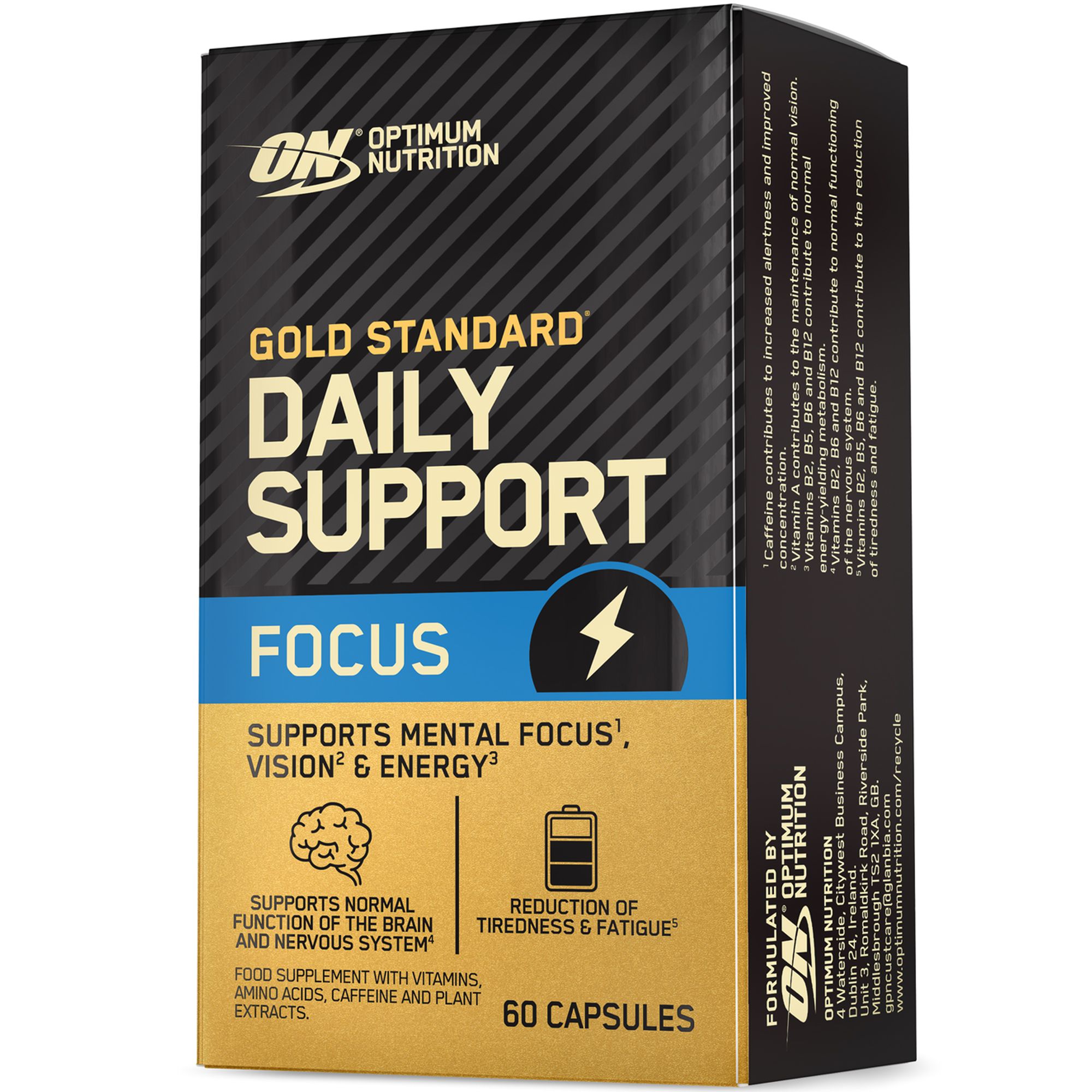 Schwarze Schachtel mit Produktaufschrift: GOLD STANDARD DAILY SUPPORT FOCUS. Enthält 60 Kapseln. Marke: OPTIMUM NUTRITION.