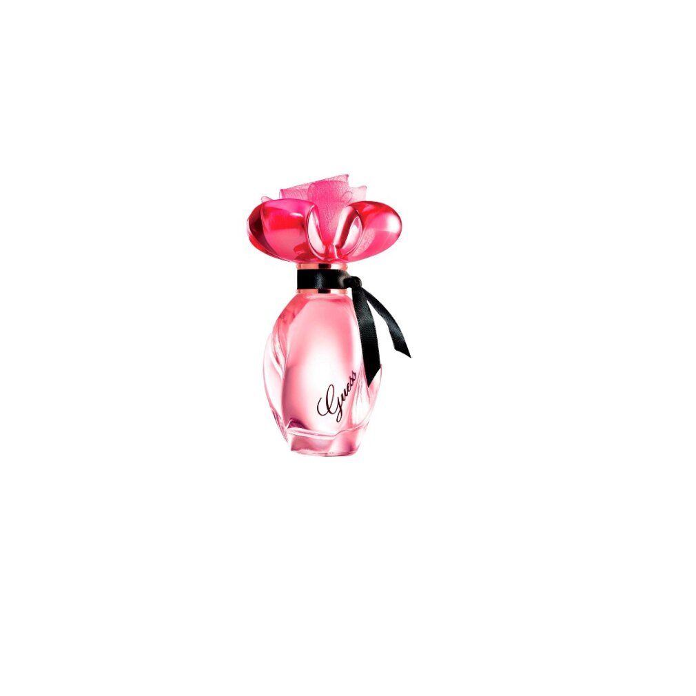 Rosa Parfümflasche mit blütenförmigem Deckel und schwarzem Band. Aufschrift "Guess".