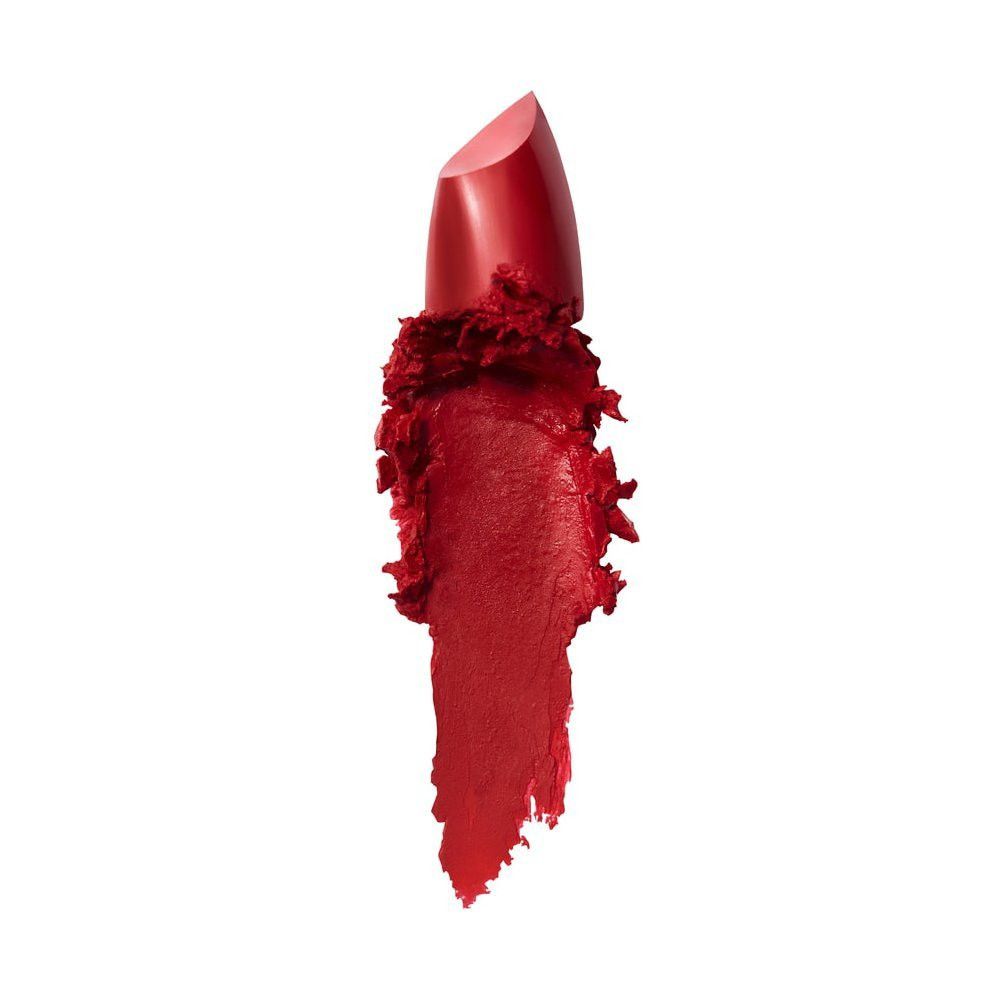 Roter Lippenstift-Abstrich. Die Textur ist sichtbar. Der Lippenstift ist rot.