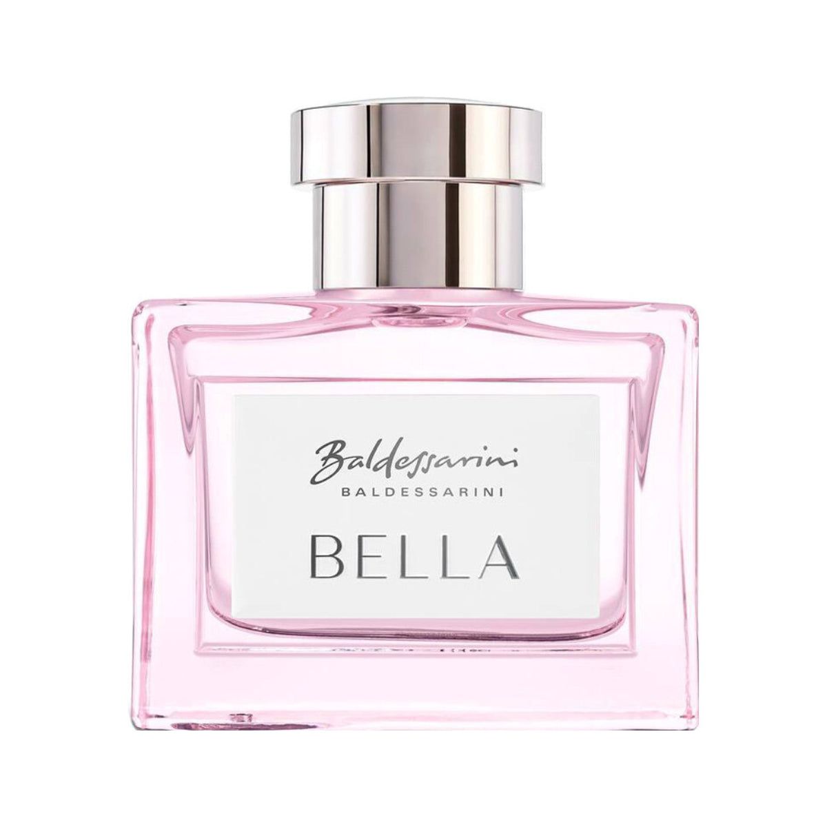 Rosa Glasflakon mit silbernem Verschluss. Auf weißem Etikett: Baldessarini, BELLA. Rechteckige Form.