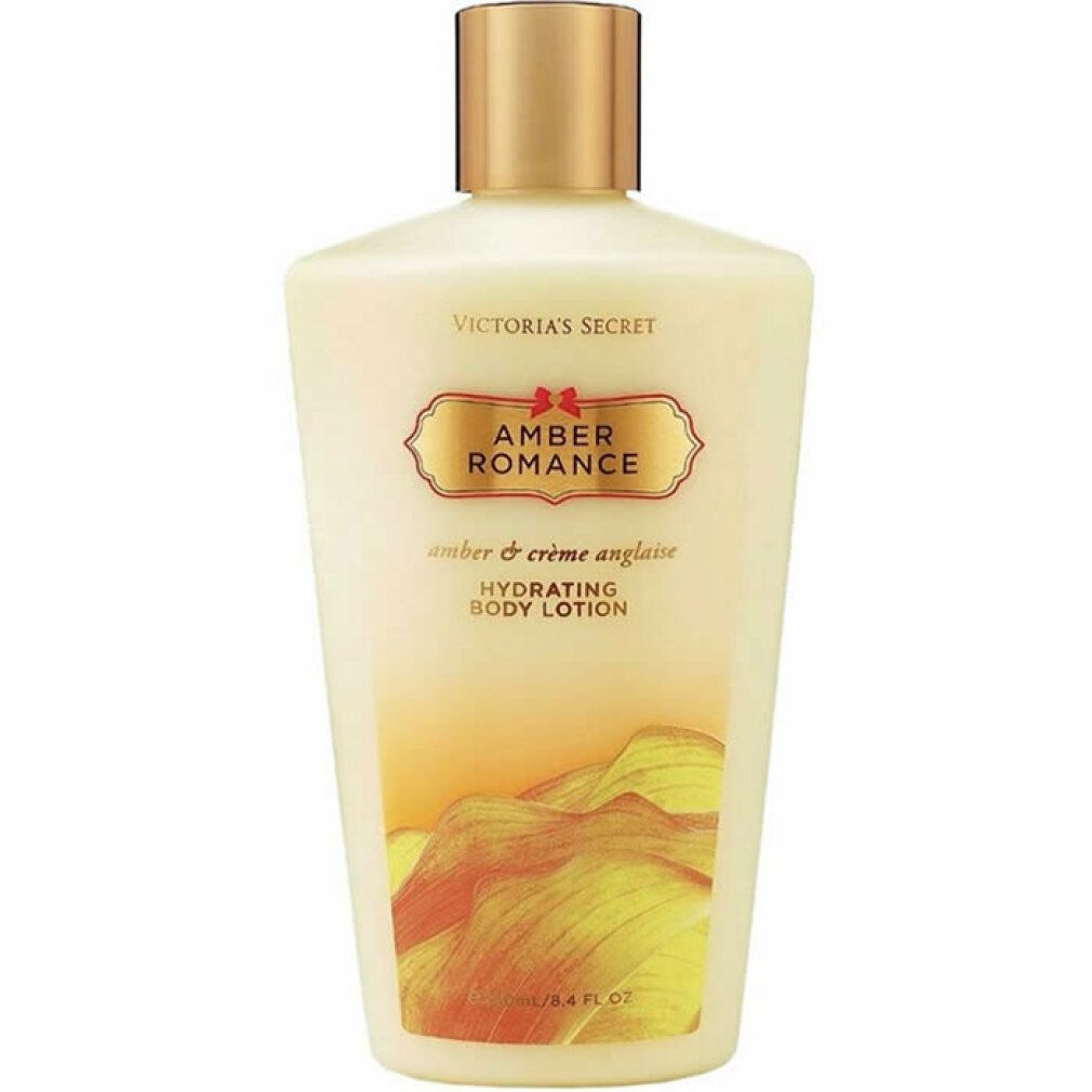 Beige Flasche mit goldfarbenem Deckel. Aufschrift: Victoria's Secret, Amber Romance. Text: Hydrating Body Lotion.