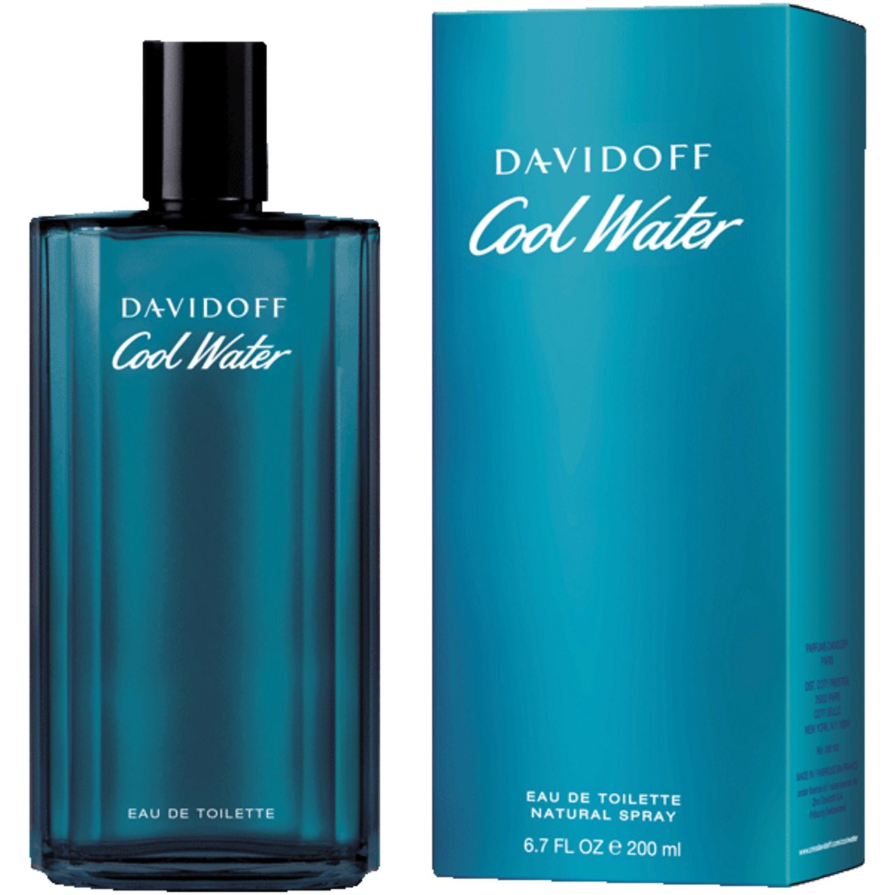 Davidoff Cool Water Eau de Toilette Flakon und Verpackung. Blaues Glas, schwarzer Verschluss. Verpackung blau. Schriftzug: Davidoff Cool Water.