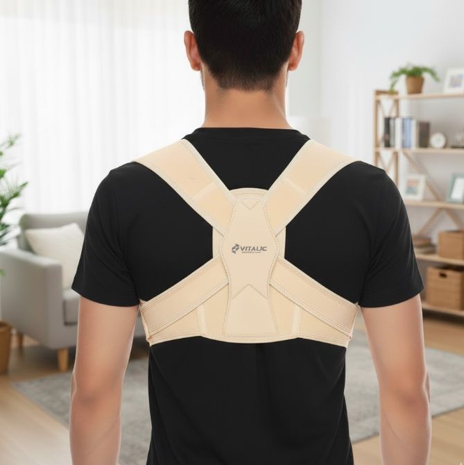 Ein Mann trägt eine beige Rückenbandage. Die Bandage hat Schultergurte und einen zentralen Teil mit dem Schriftzug "VITALIC".