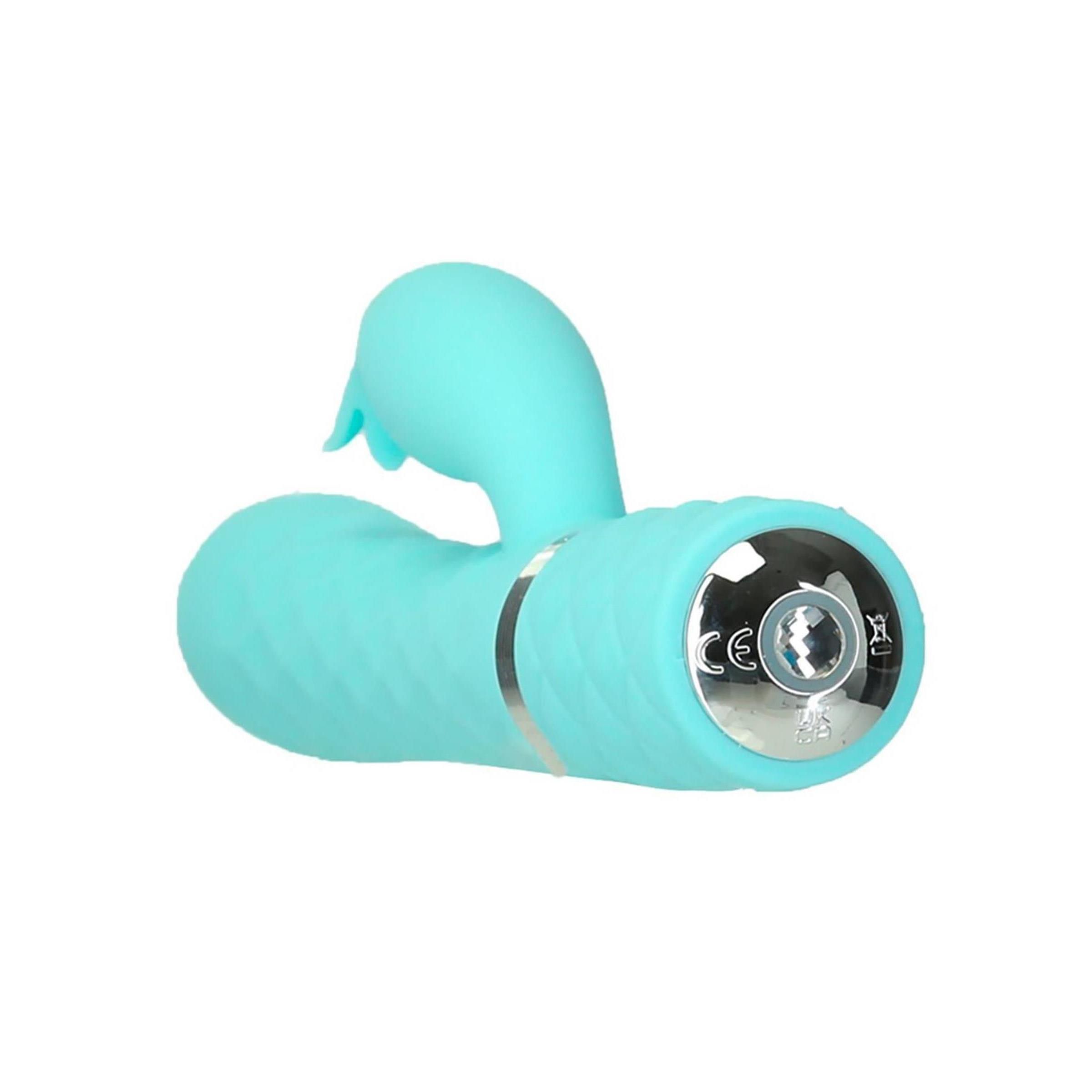 Blaugrüner Vibrator, Unterseite mit silbernem Ring und CE-Kennzeichnung. Auf weißem Hintergrund.