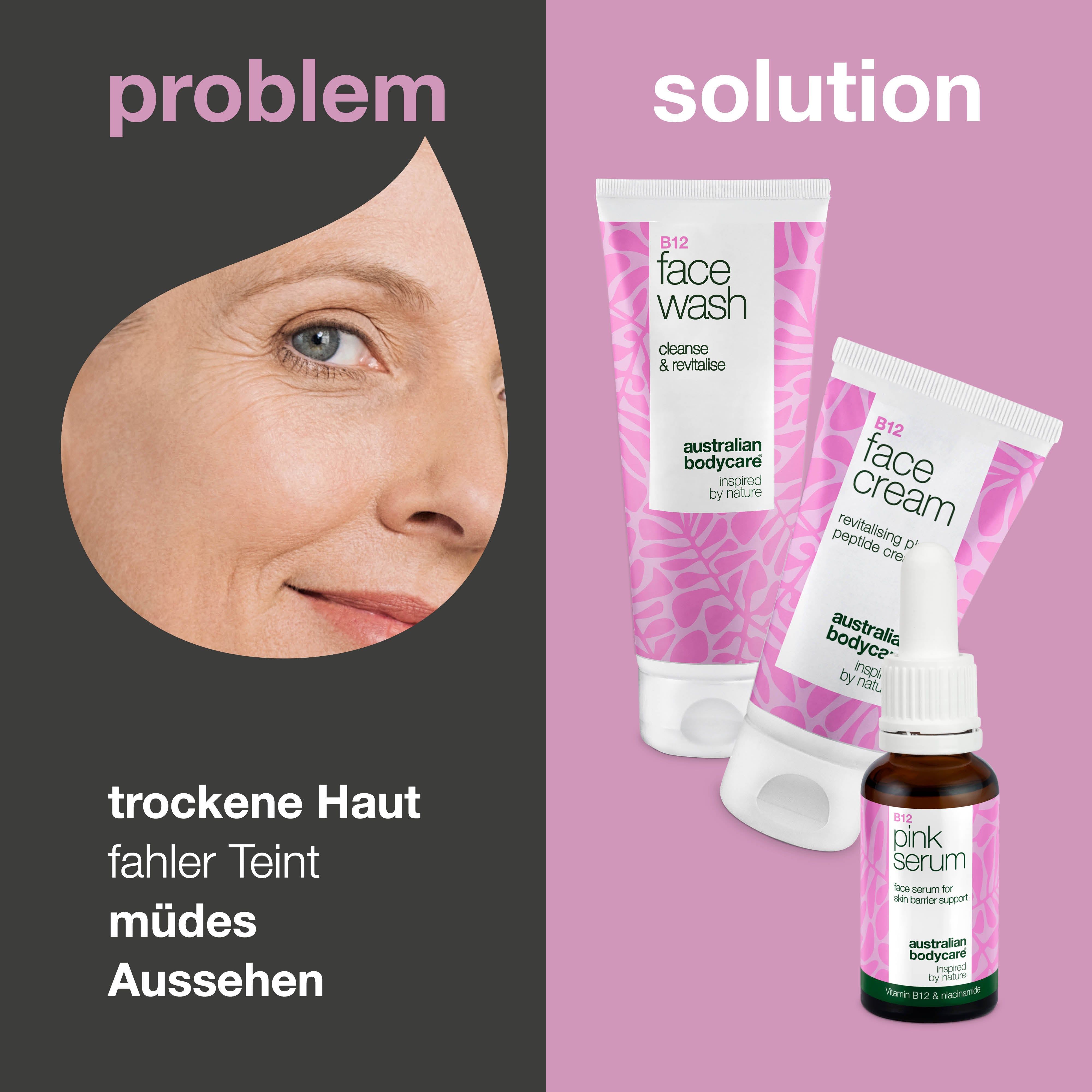Gesicht mit trockener Haut neben B12-Produkten. Face Wash, Face Cream und Pink Serum.