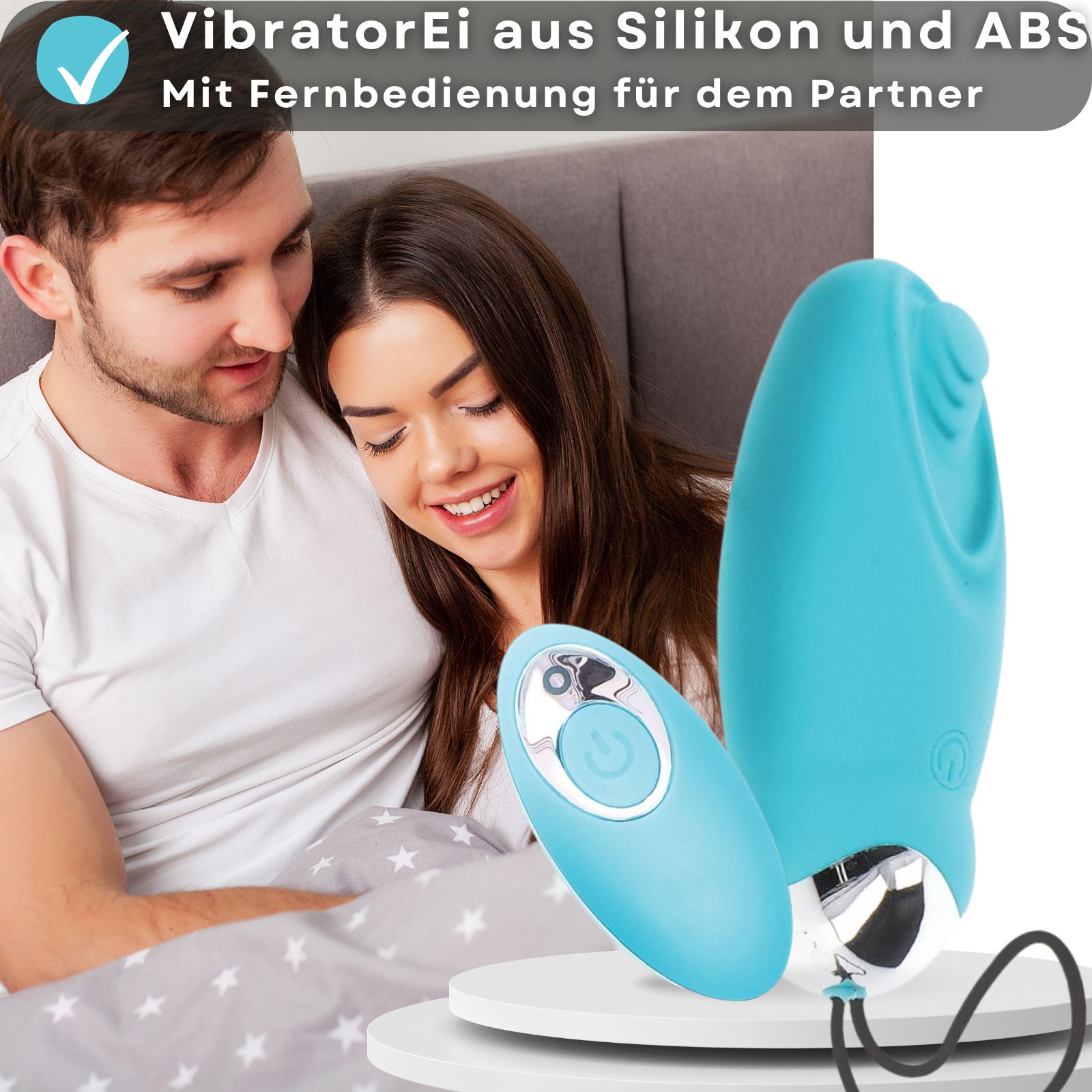 Blaues Vibrations-Ei. Wiederaufladbar über USB. 8 Vibrationsmodi. Mit weißem Sockel und schwarzem Kabel.