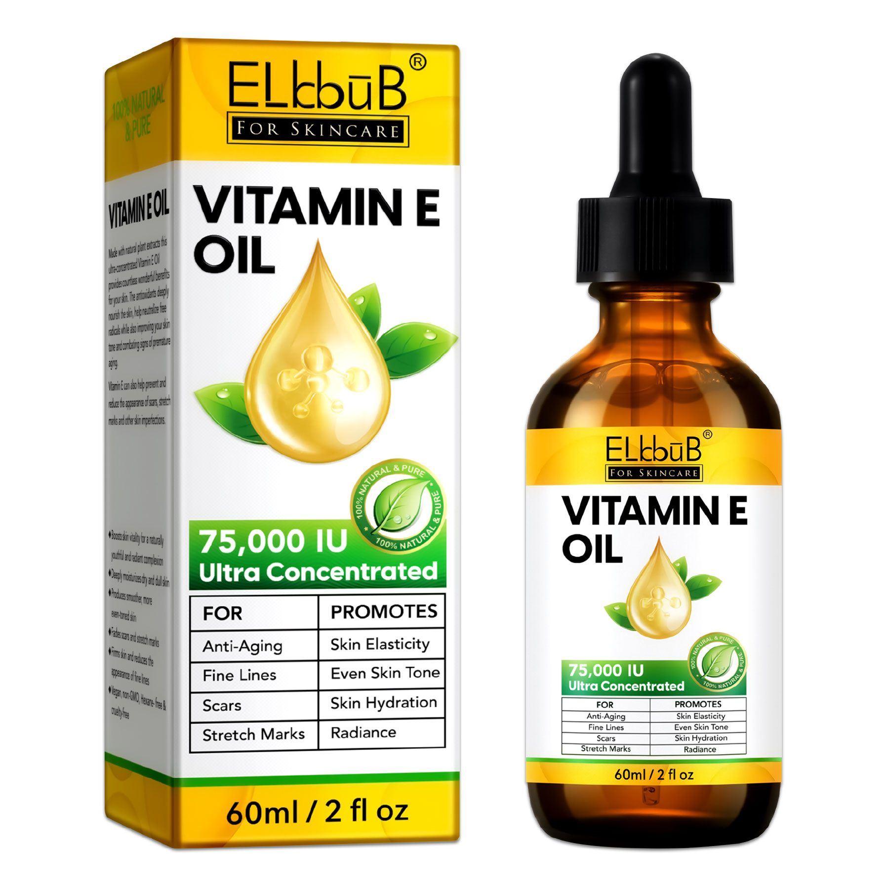 Vitamin E Öl Flasche und Karton, 75.000 IU Ultra Concentrated, 60ml.