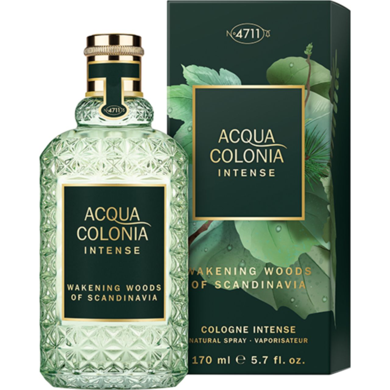 Grüne Glasflasche und Schachtel. Aufschrift: Acqua Colonia Intense Wakening Woods of Scandinavia. 170 ml.