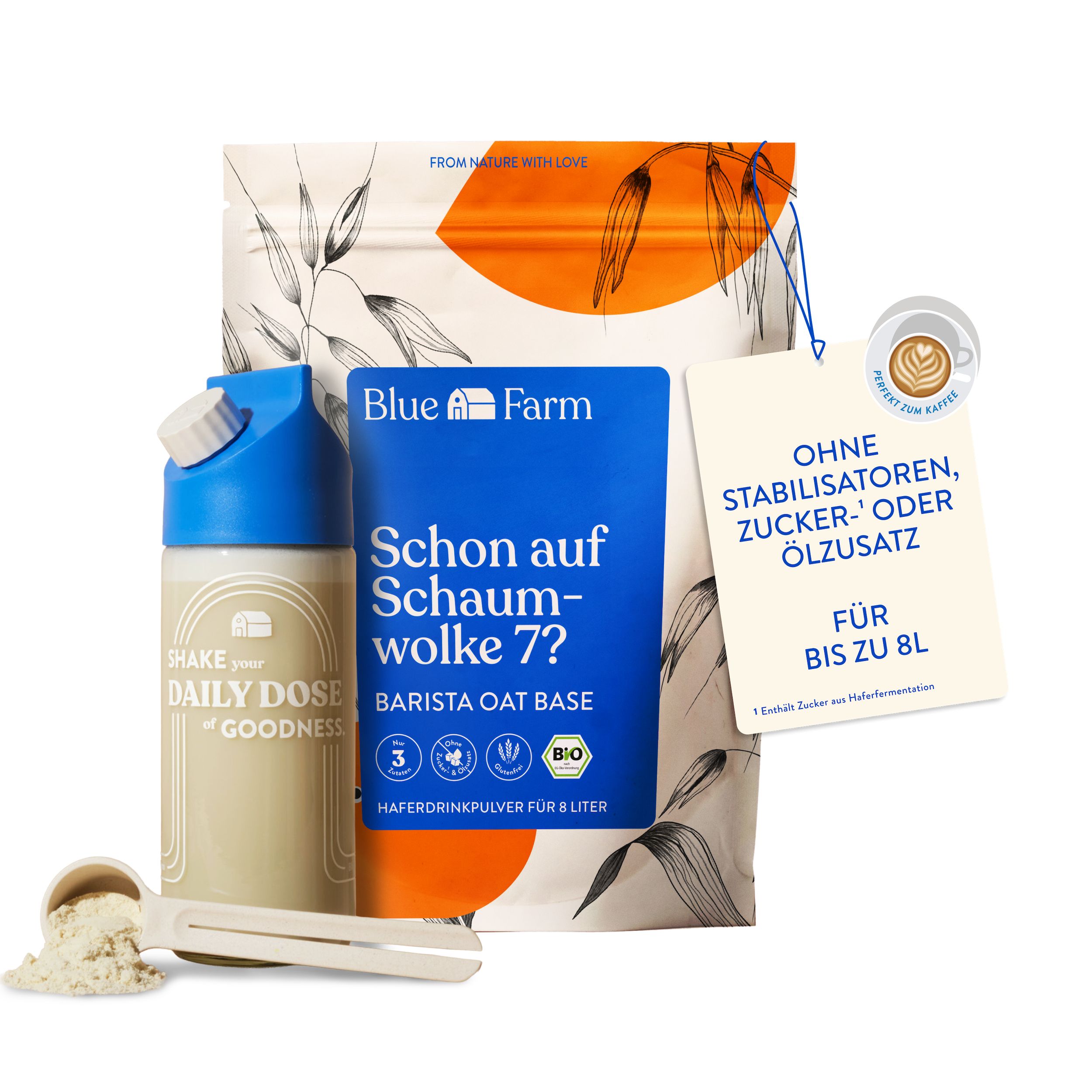 Kit mit Barista Oat Base, Shaker, Messlöffel und Etikett. Bio-Zertifizierung. Ohne Zucker, Stabilisatoren oder Ölzusatz.