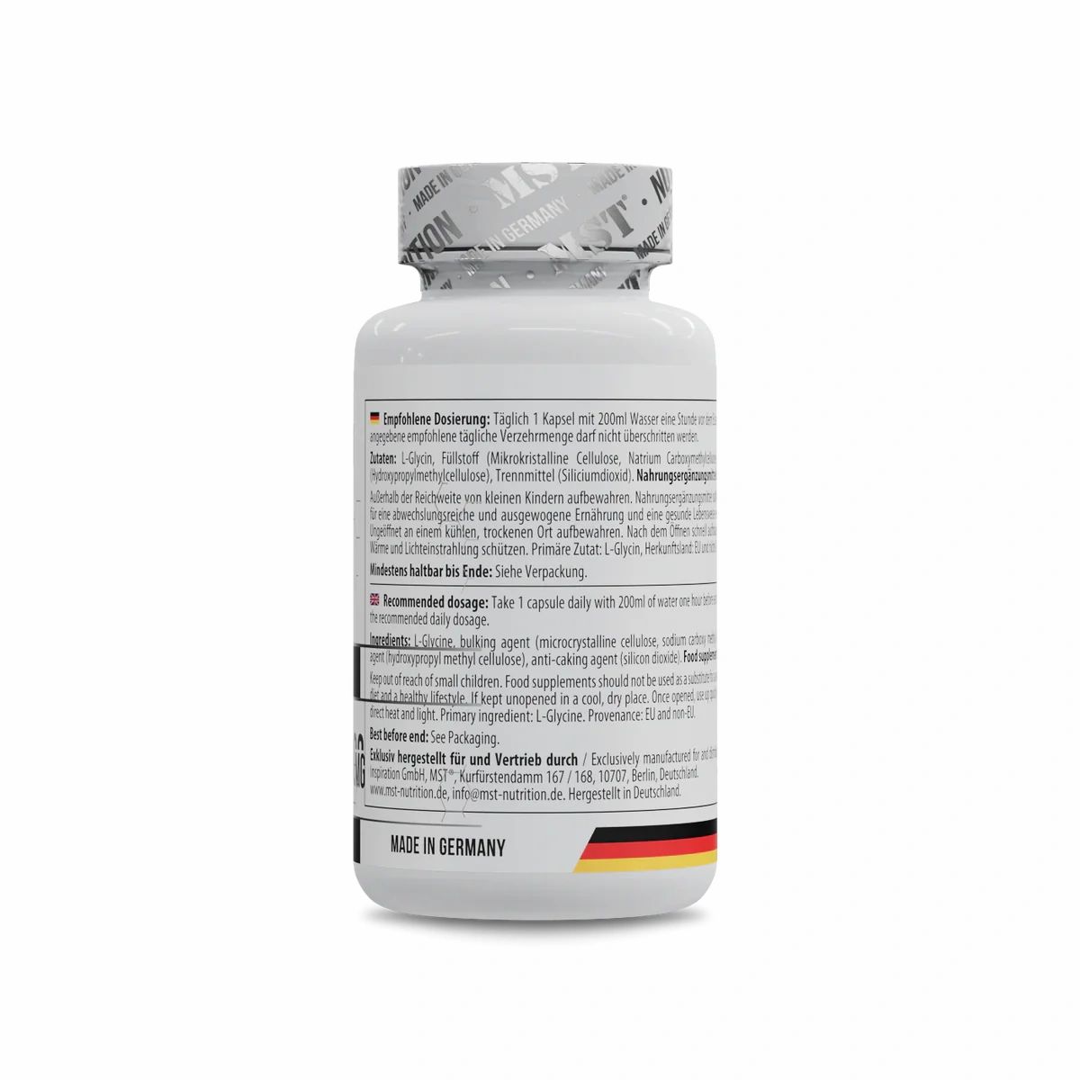 Rückseite der weißen Flasche mit MST L-Glycin. Text: Dosierung, Inhaltsstoffe, Haltbarkeit. Mit Deutschland-Flagge.