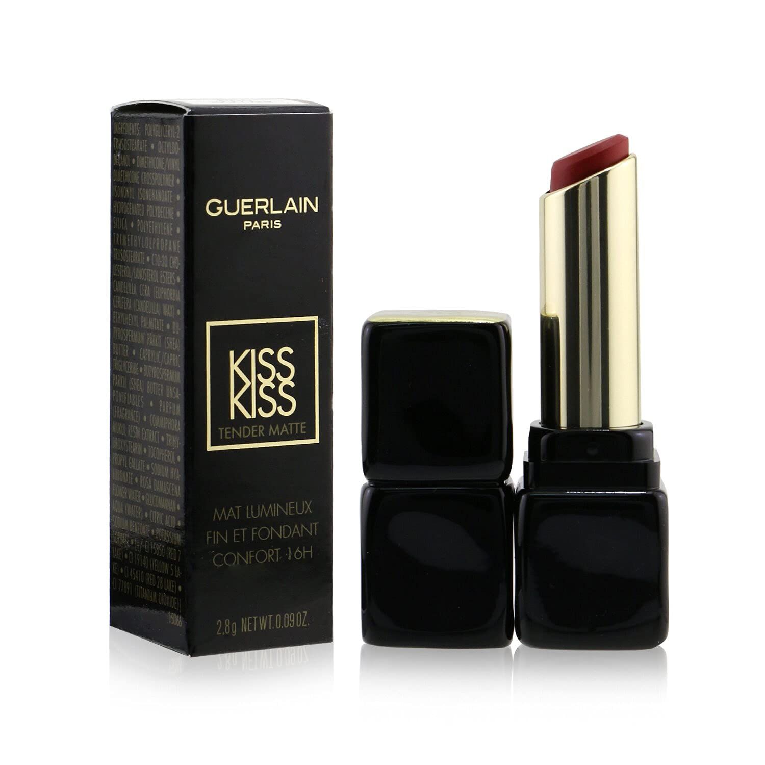 Lippenstift und Verpackung. Schwarze Verpackung mit goldener Schrift. Lippenstift mit goldener Hülse und roter Spitze. Produktname und Farbnummer sichtbar.